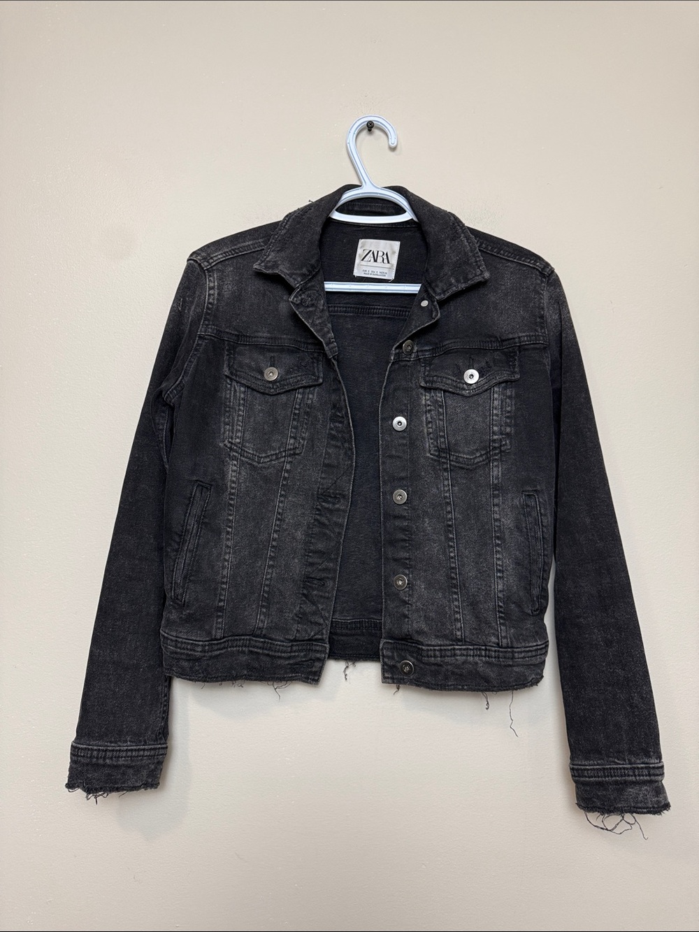 ZARA Washed Black Denim Jacket with Distressed Hem size S